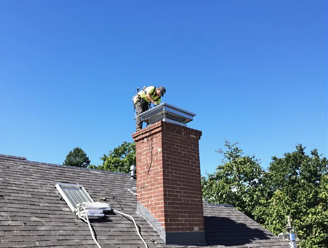 Bellingham Chimney Sweep technician measuring a chimney cap in Bellingham, MA