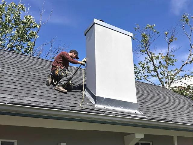 Bellingham Chimney Sweep team member finishing chimney construction in Bellingham, MA