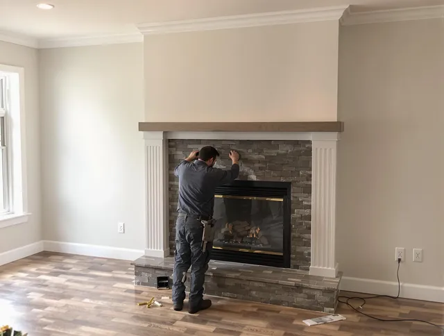 Bellingham Chimney Sweep finishing a custom fireplace install in Bellingham, MA